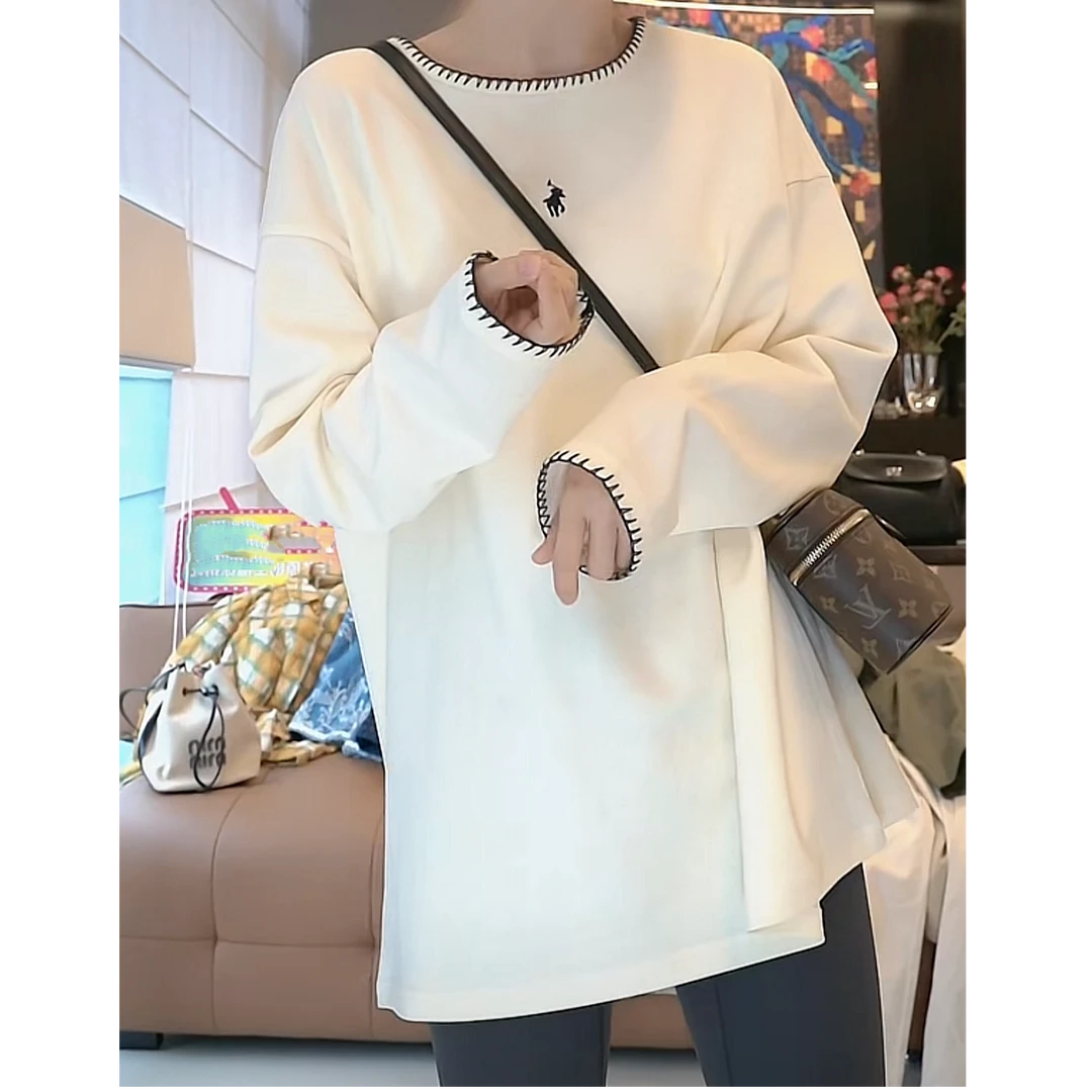 简约小马刺绣宽松百搭大版休闲长袖T恤女2025新款春季设计感上衣