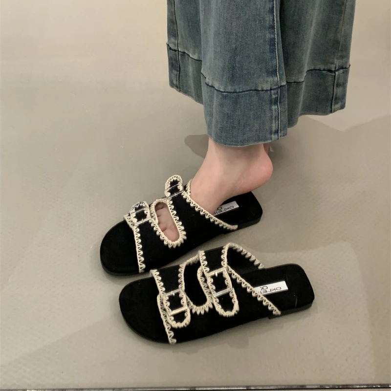 厚底蕾丝勃肯凉拖女2025新款夏季外穿防滑方头皮带扣一字拖沙滩鞋