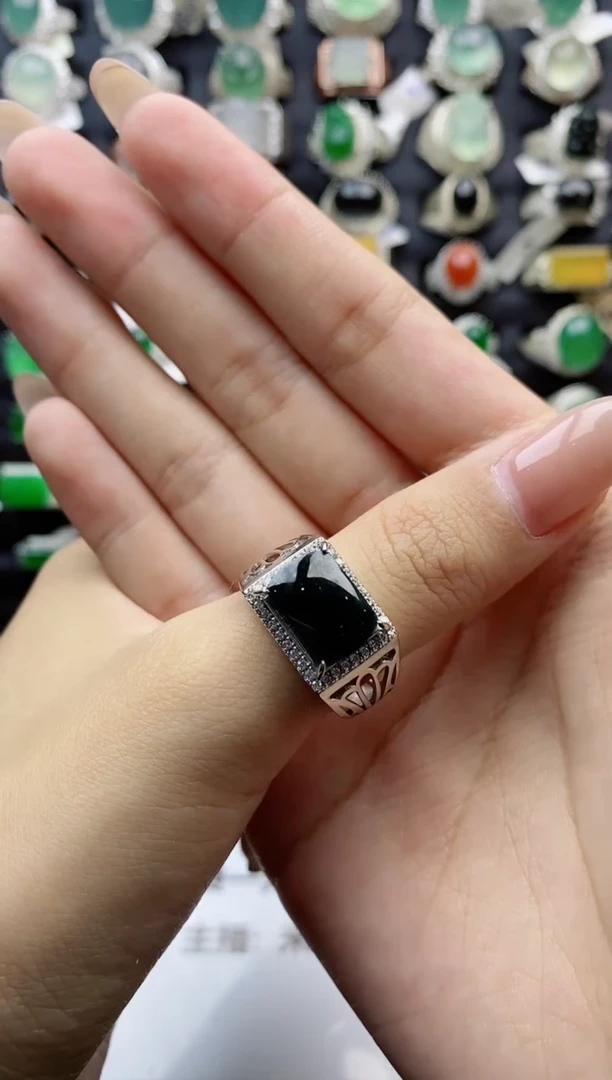 【闪购商品】翡翠戒指银S925镶嵌天然翡翠开口男戒