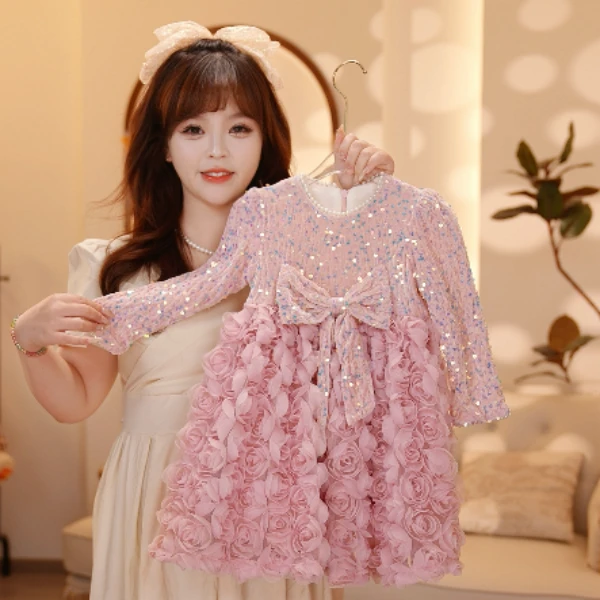 （现货）【Y.G096】24秋季新款超重工亮片裙女宝公主裙洋气连衣裙长袖