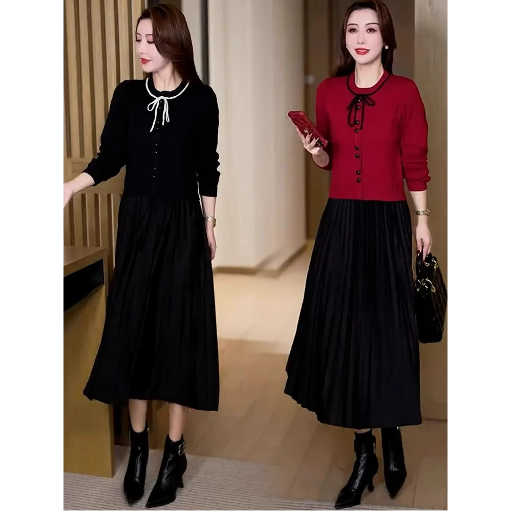 毛衣针织衫女洋气拼接连衣裙2025春季新款韩版时尚减龄内搭裙子潮