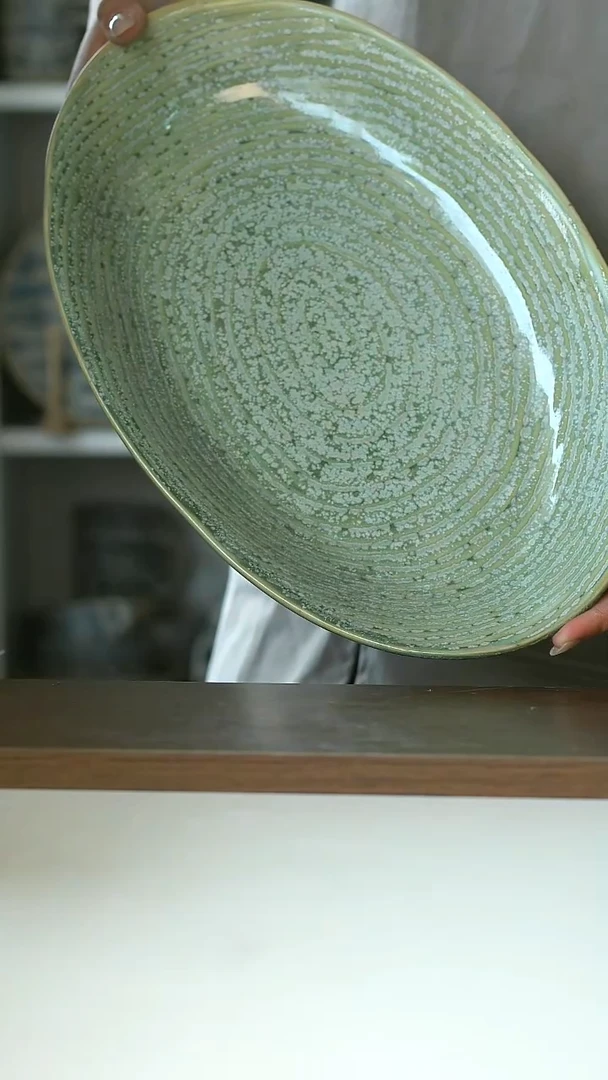 加**丹微瑕窑变春潮肌理纹椭圆盘35.5cm@4-2@