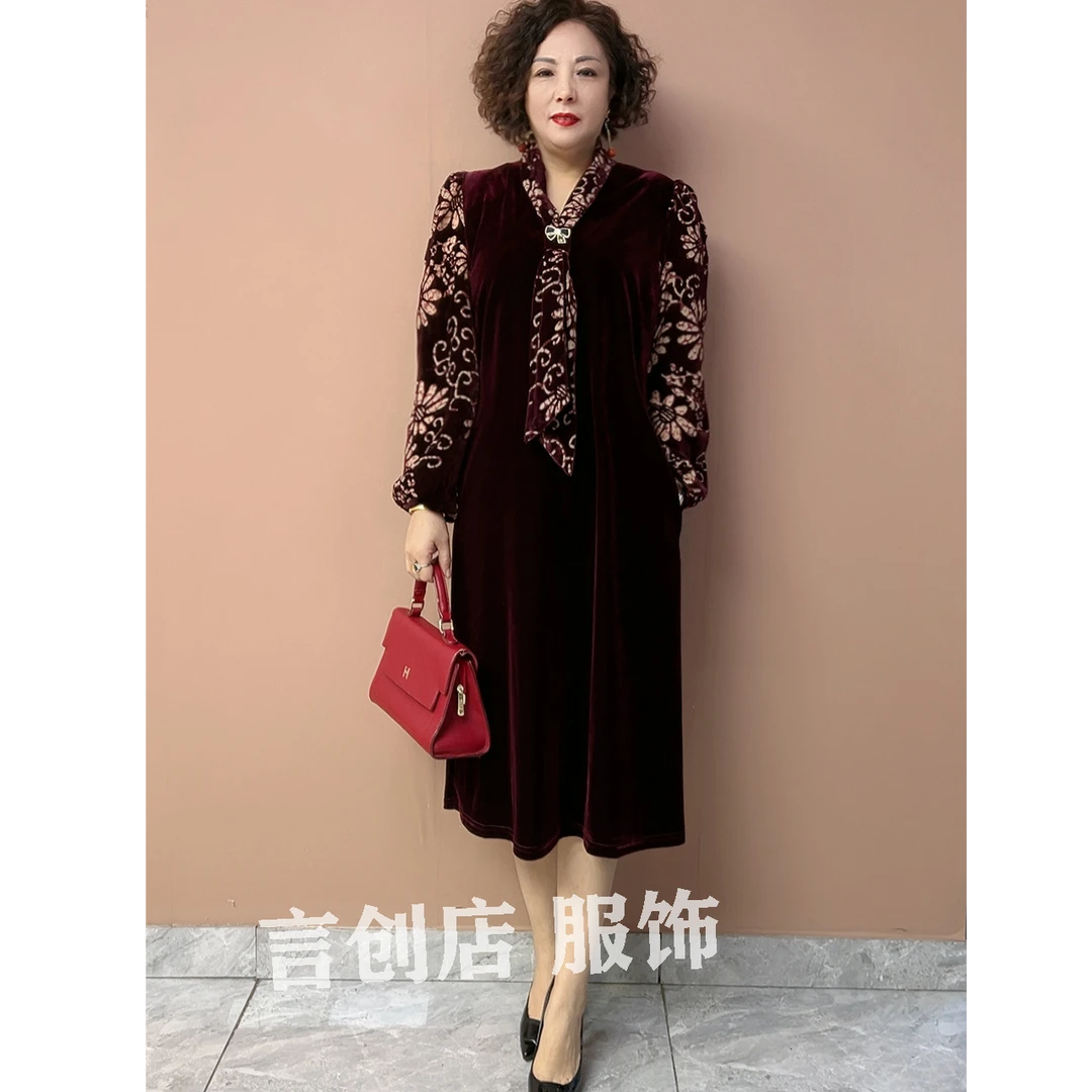 228胖妈妈洋气女装春季新款连衣裙真丝绒拼接袖中年女士长袖裙子