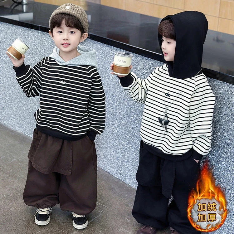 【加绒】男女童加绒卫衣2025秋冬款中大童一体绒条纹连帽上衣