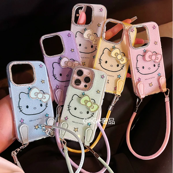 可爱kt猫果冻色斜挎挂绳适用苹果16promax手机壳iphone15/14/13女