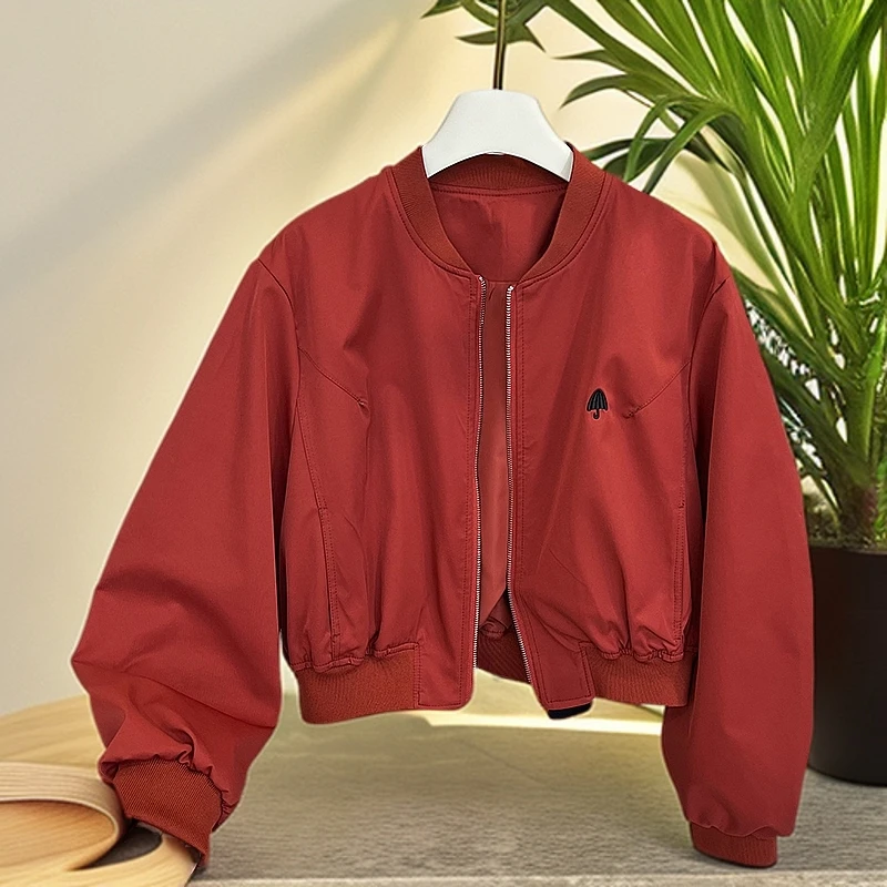 韩版短款红色棒球服外套女春新款洋气减龄休闲小个子宽松时尚上衣