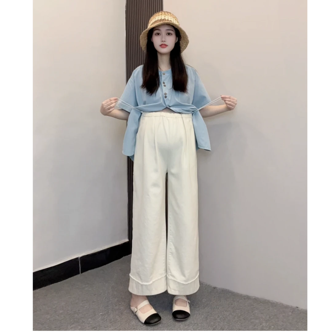 孕妇裤子早秋新款牛仔裤小个子显瘦宽松时尚毛边设计感垂感阔腿裤