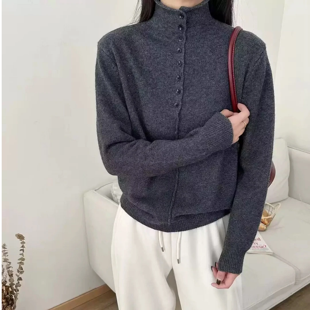 欧洲站慵懒风高领单排扣羊毛针织衫女2024冬季新款时尚百搭毛衣