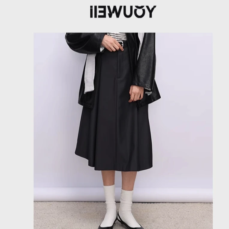 YOUWEI老钱A型半裙黑色秋冬半身裙长款