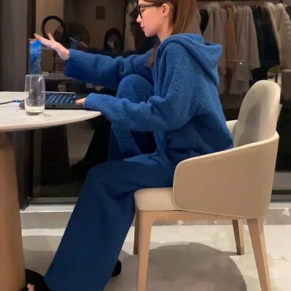 2026冬季超火一整套重要场合漂亮轻奢高级感蓝色连帽毛衣套装裤女