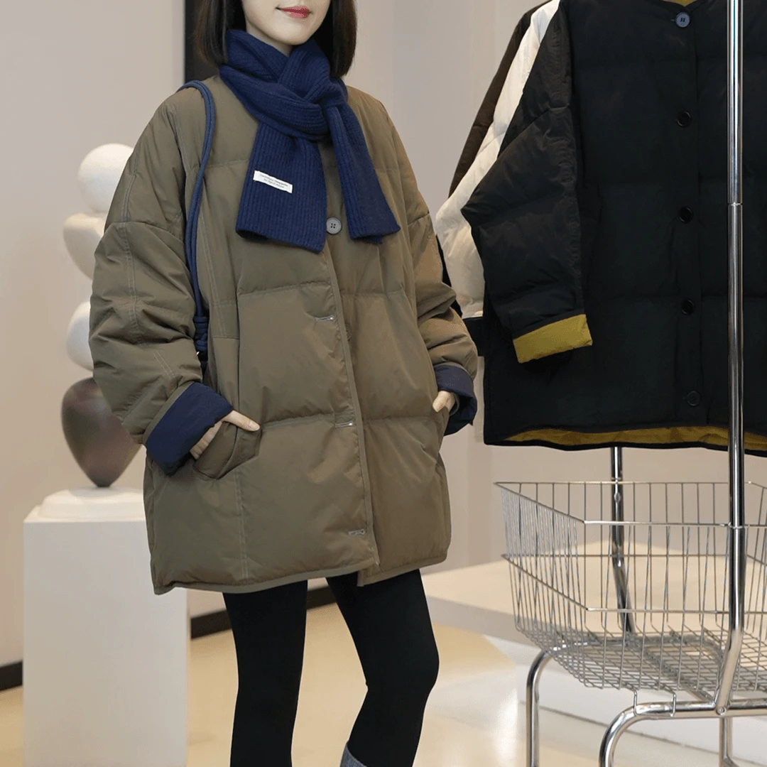 圆领棉衣外套冬季新款设计感卷边袖口撞色加厚保暖宽松中长款棉服