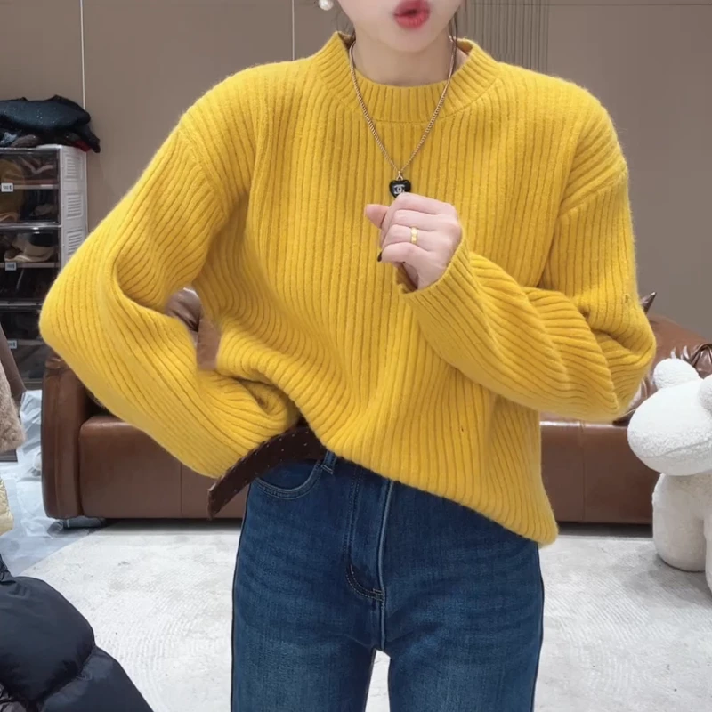 【音乐盒】冬季竖坑条针织衫圆领极简显瘦百搭厚款毛衣LK2509010