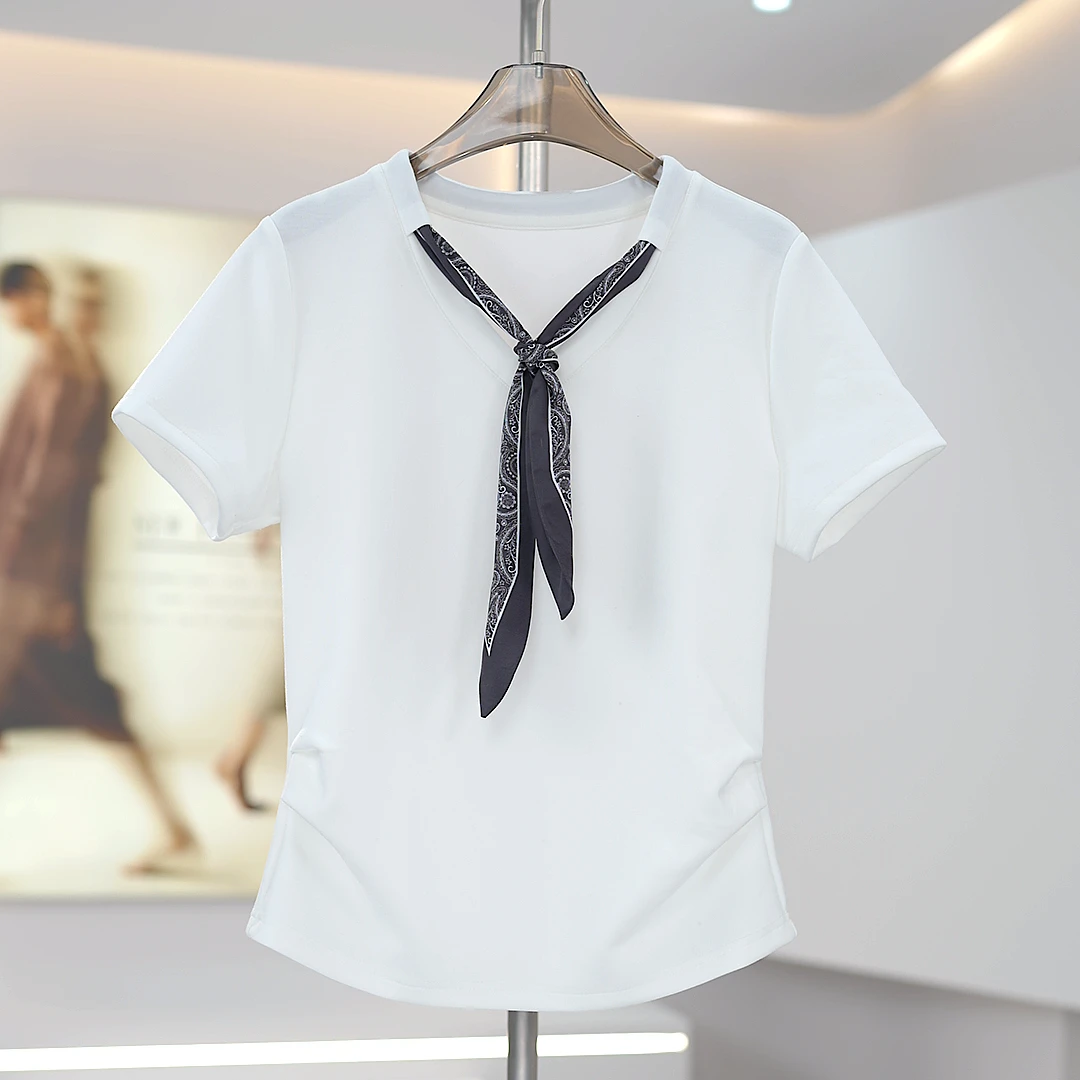 【专柜正品】高级感丝巾短袖女夏季新款时尚气质V领商务女T恤T25013