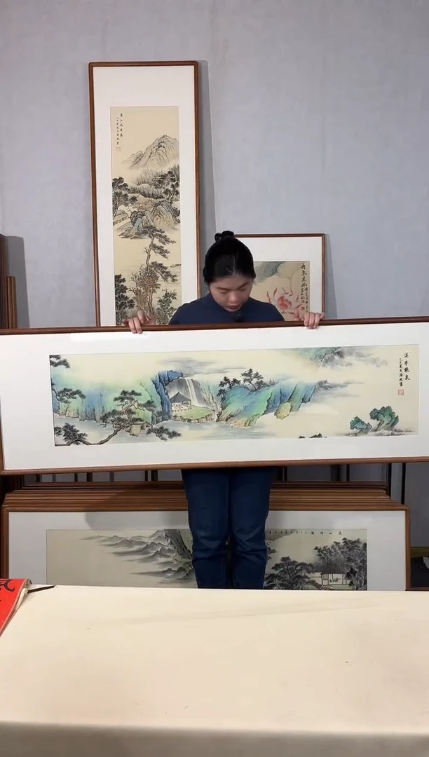 国画手绘*溪亭听泉*52*172cm带框发货