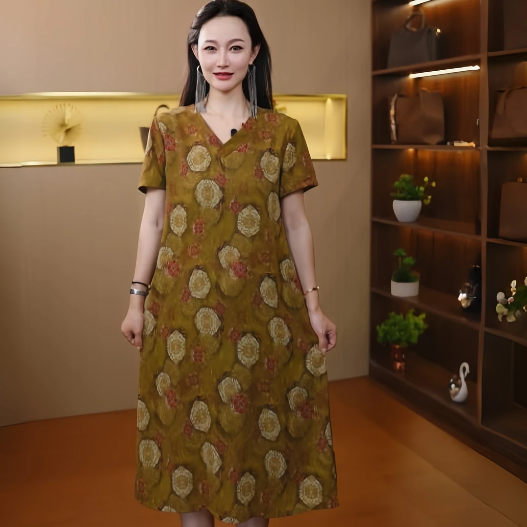 9721-夏季新款中长款V领休闲风气质居家妈妈装连衣裙（F仓）