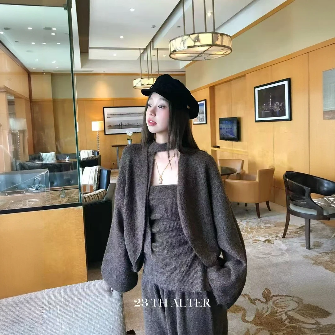 【北北专属-8022】慵懒风针织飘带长袖毛衣外套抹胸三件套休闲套装