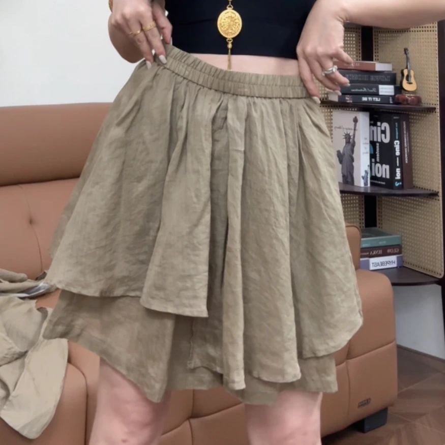 museguhui/木色古汇7706#复古文艺森系拼接松紧腰苎麻裙裤