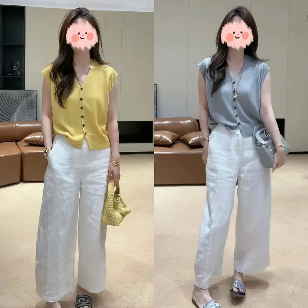 2025夏季新款简约气质百搭V领针织短袖上衣T设计感时尚阔腿裤套装