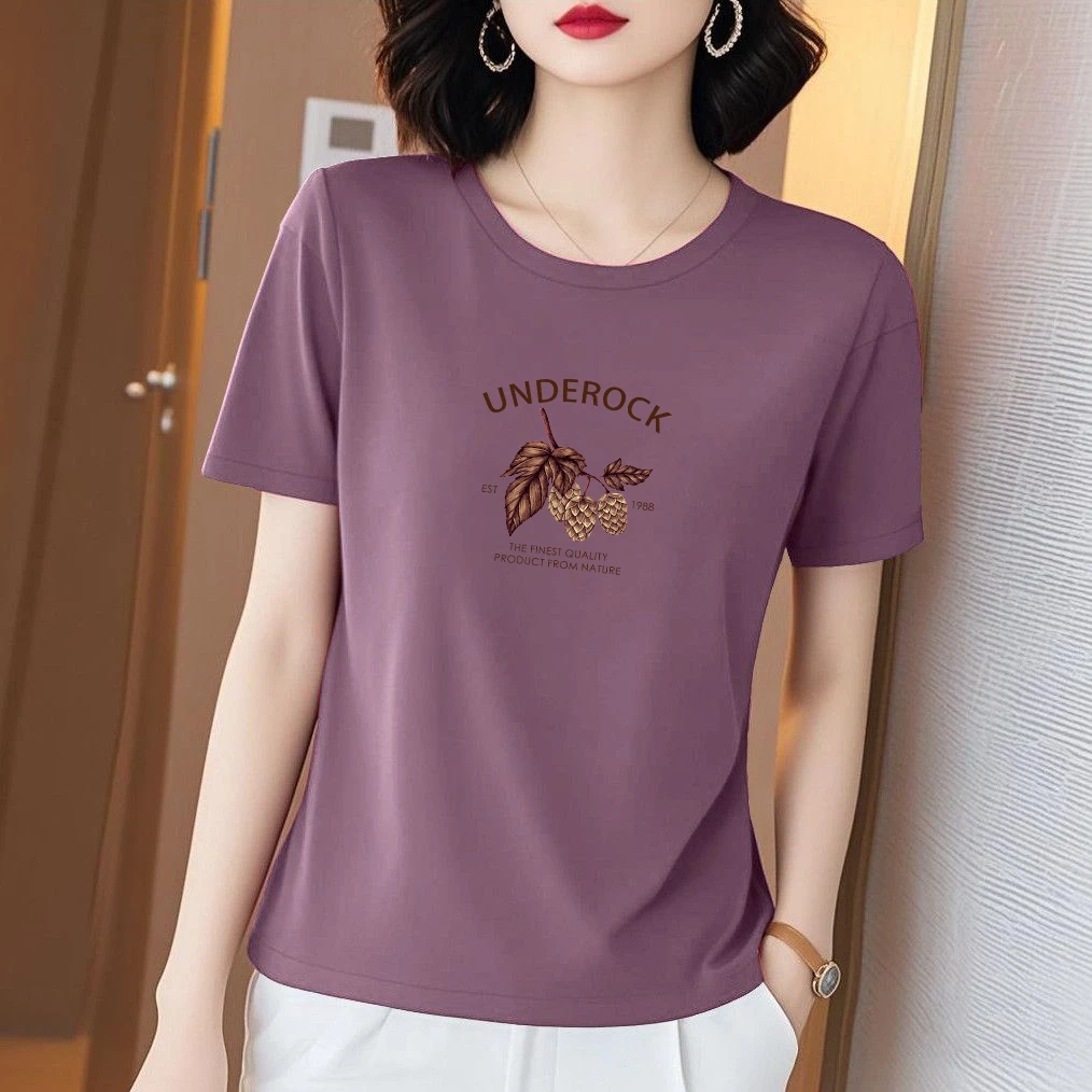 时尚休闲百搭2025新款夏季短袖t恤女士宽松大码圆领印花显瘦上衣