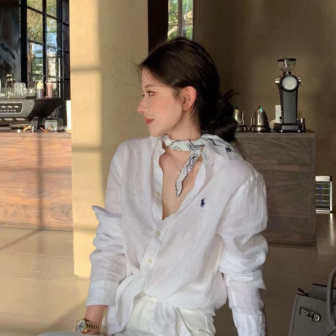 小马亚麻纯色刺绣衬衫防晒开衫衬衣