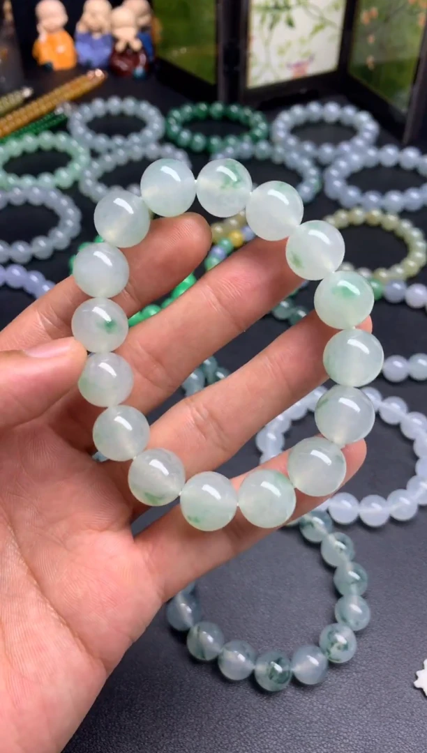 未镶嵌手链翡翠天然缅甸翡翠A货白底青飘绿花手串卡12.8mm