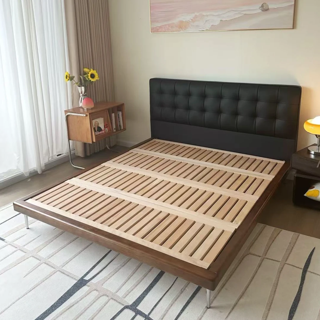 中古风高脚华夫格真皮床轻奢现代简约主卧高端大气软包实木双人床