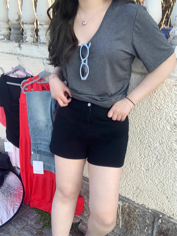 三点泥SUNNY【黑珍珠】大码黑色短裤女高腰显瘦弹力微胖休闲裤子