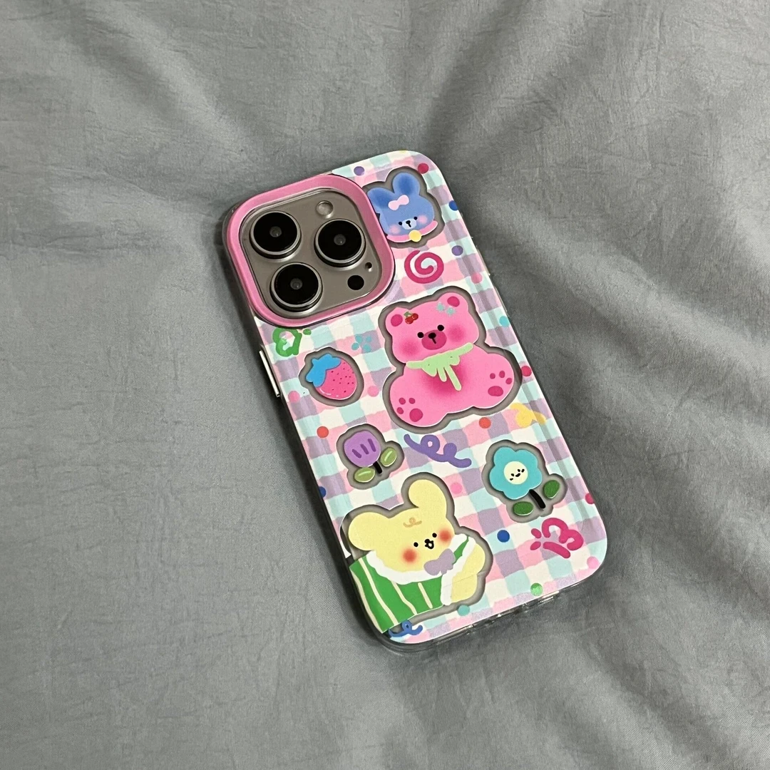 BANCA格纹草莓熊适用iphone16/15手机壳苹果14华为vivo小米oppo软