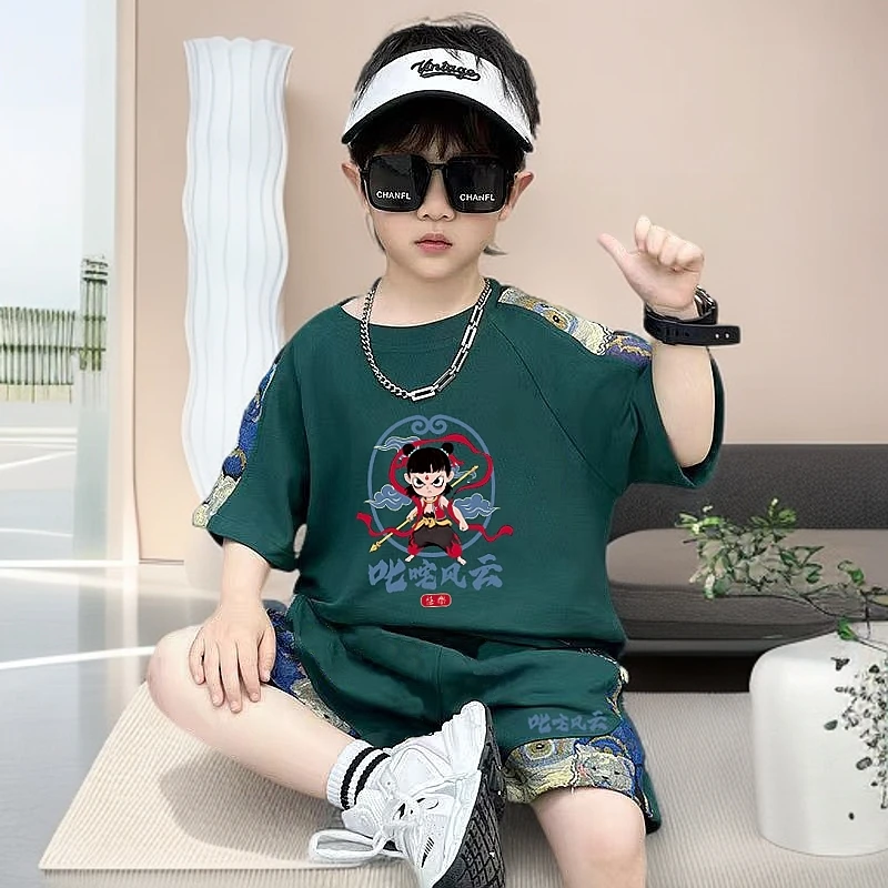 哪吒短袖夏季大童短袖衣服12-15岁男童哪吒痞帅炸街套装