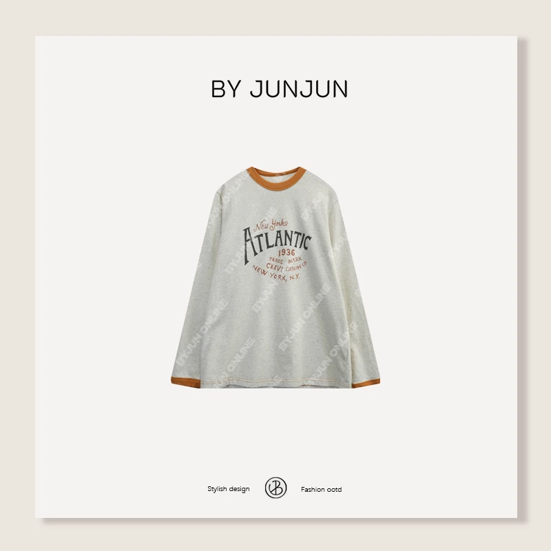 ByJunjun橘子海 圆领洗水拼色长袖T恤冬季美式休闲百搭打底衫