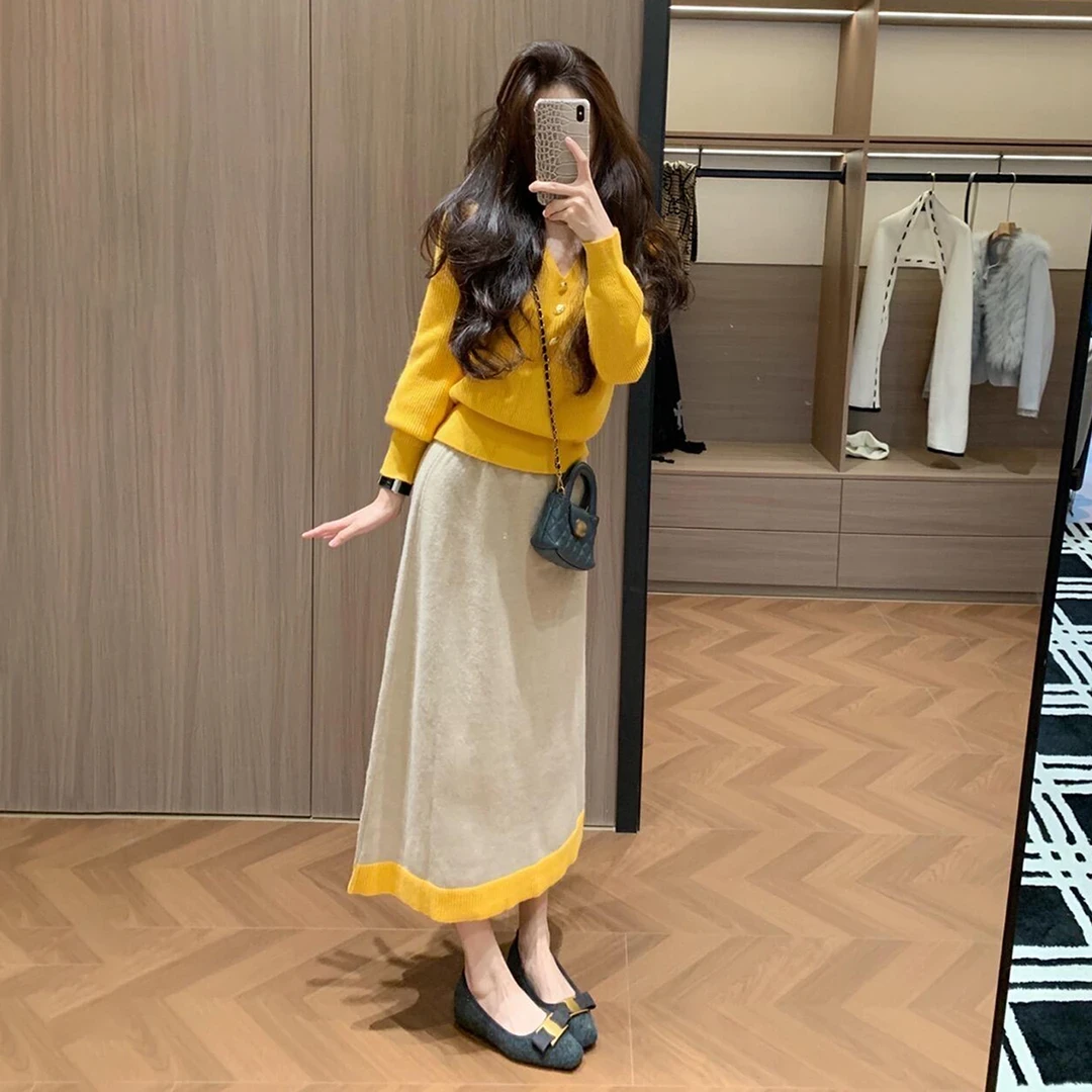 2025新款韩系氛围感穿搭一整套连衣裙子女秋冬季针织毛衣长裙套装