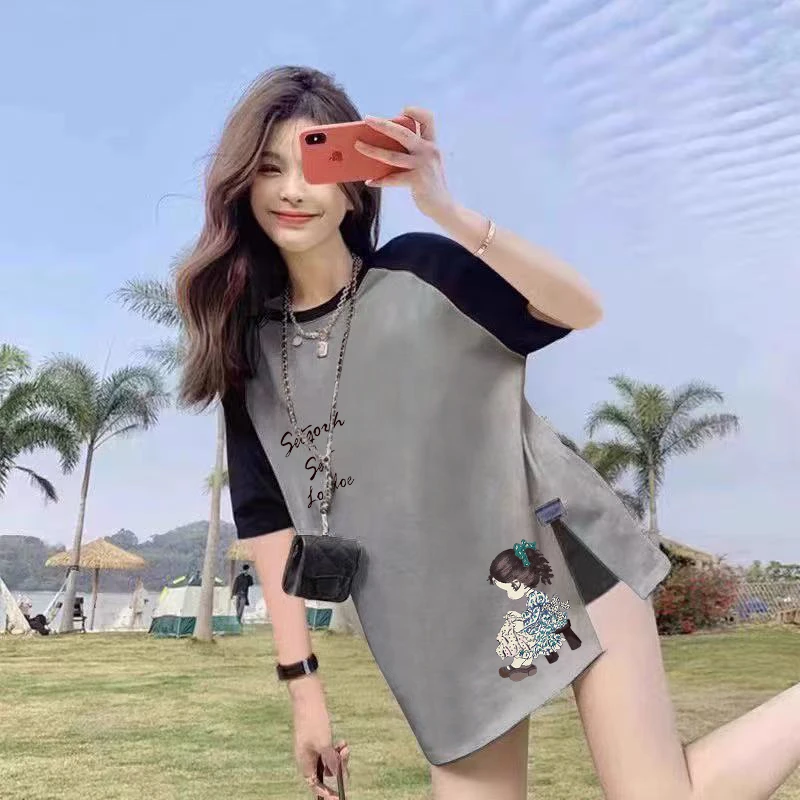 黑白撞色纯棉宽松中长款短袖T恤女2025夏新款欧货大版上衣打底衫