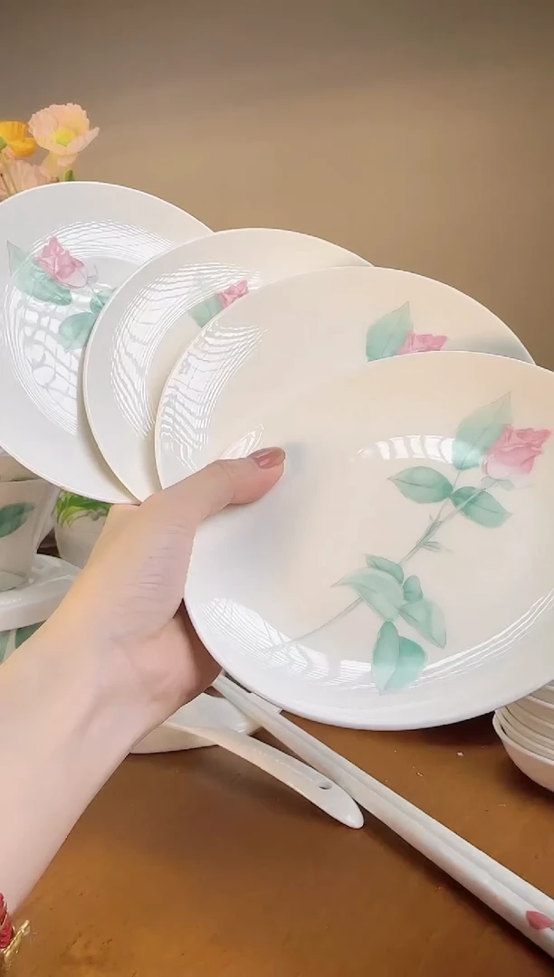 【闪购商品】玫瑰高骨瓷6寸浅盘4个