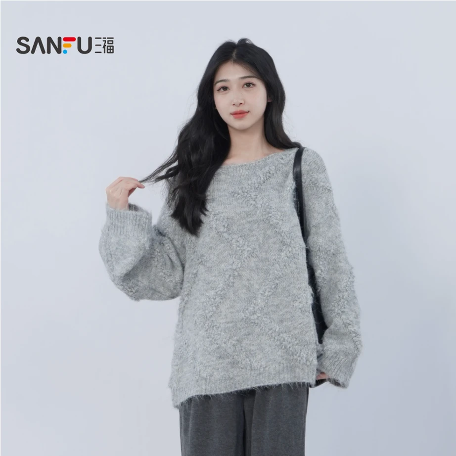 三福 冬季慵懒风宽松圆领款套头毛织毛衣百搭简约女装 513777