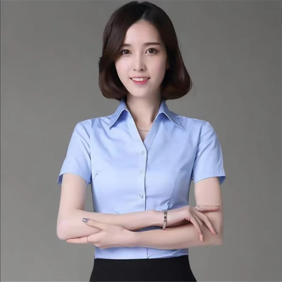 妮漫世家春夏蓝色商务衬衫欧若风修身显瘦大码职场透气防走光