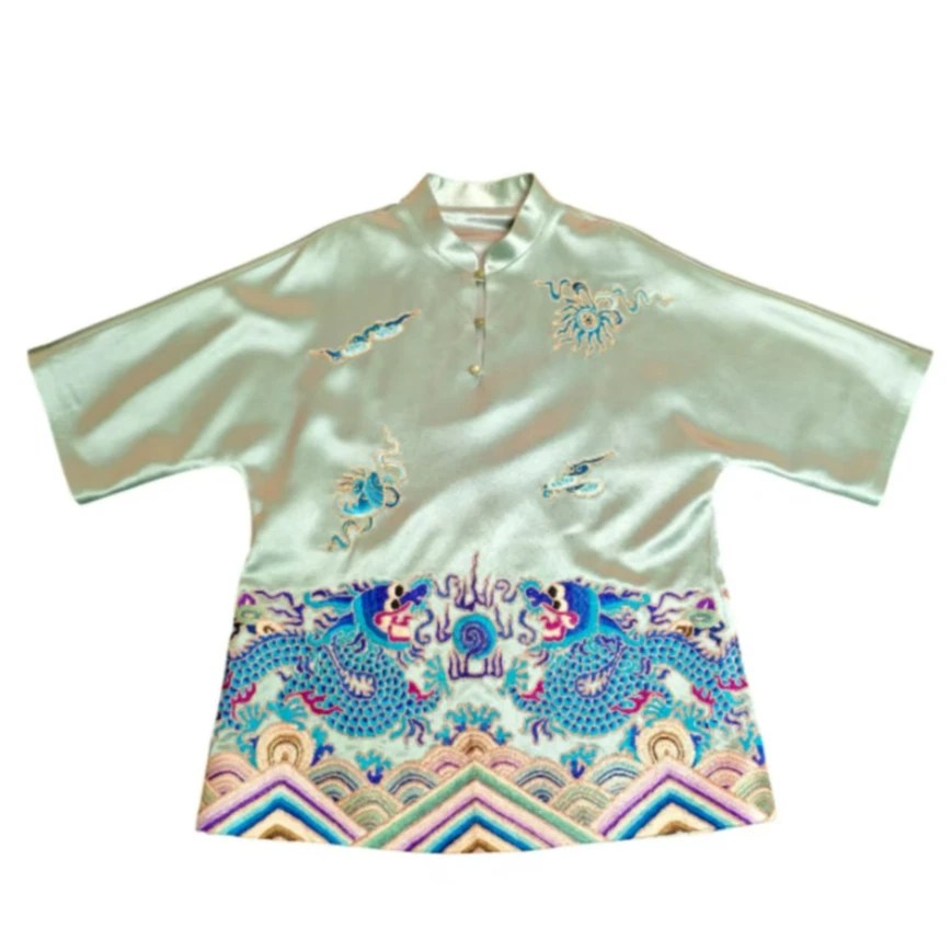 锦帛花衣天下原创非遗重工刺绣国风复古休闲春秋双龙夏季短袖上衣