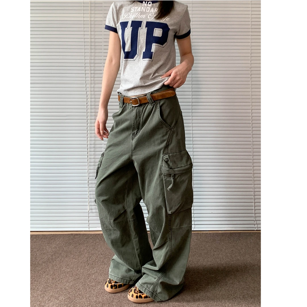 口袋中腰长裤工装裤潮宽松休闲裤黑色牛仔裤显瘦复古高街