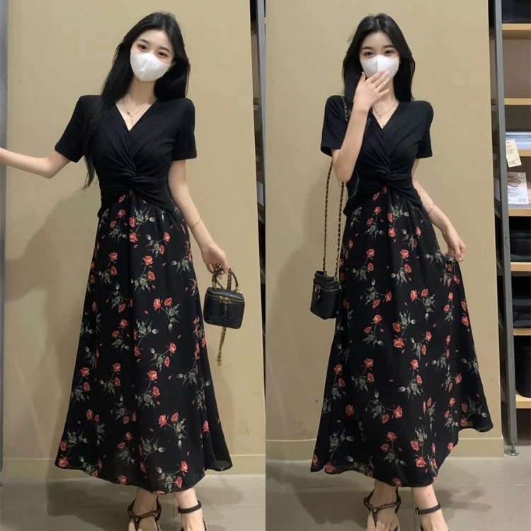 （80-200斤）大码胖妹妹茶歇法式连衣裙夏季赫本风假两件碎花裙1533