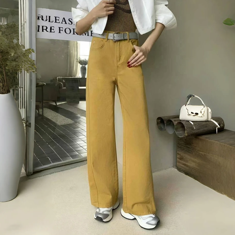 【裤博汇】88016春款新款-蜜瓜黄-褶位低弹高腰宽松弯刀裤牛仔裤