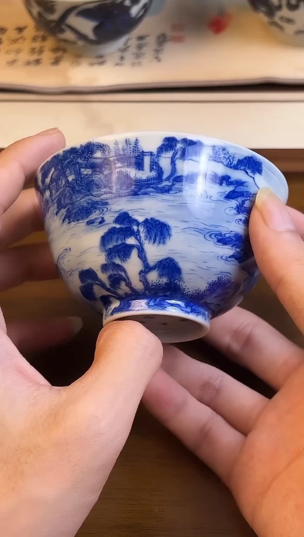 问青坊纯手工手绘青花山水柴窑主人杯