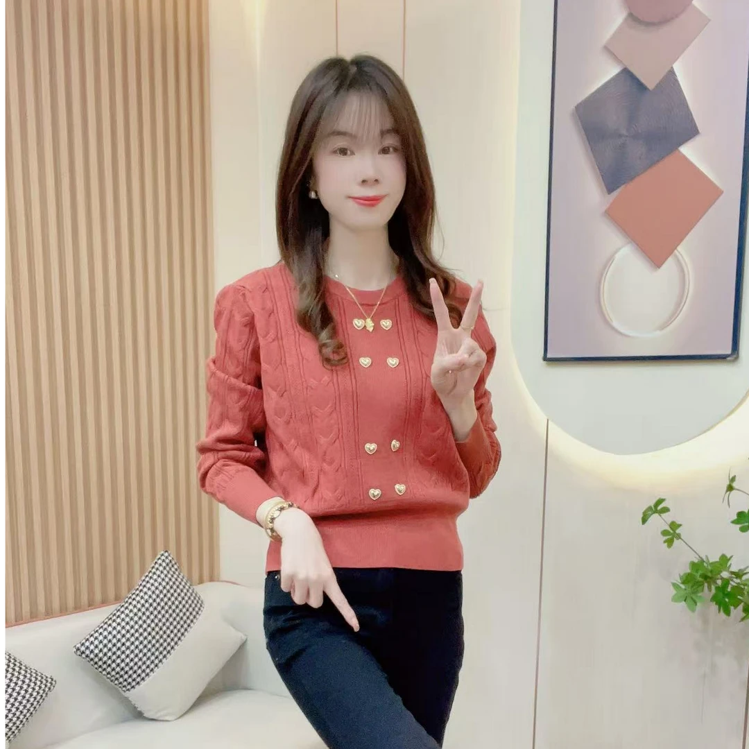 炬雅  时尚双排爱心扣修身显瘦洋气减龄百搭长袖毛针织衫上衣