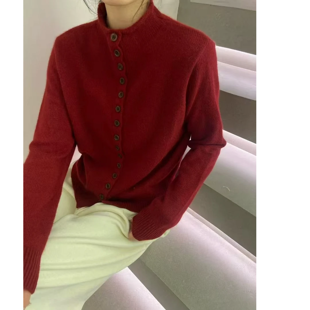 【专属】车厘子红~立领长袖开衫宽松秋冬单排扣设计感针织衫