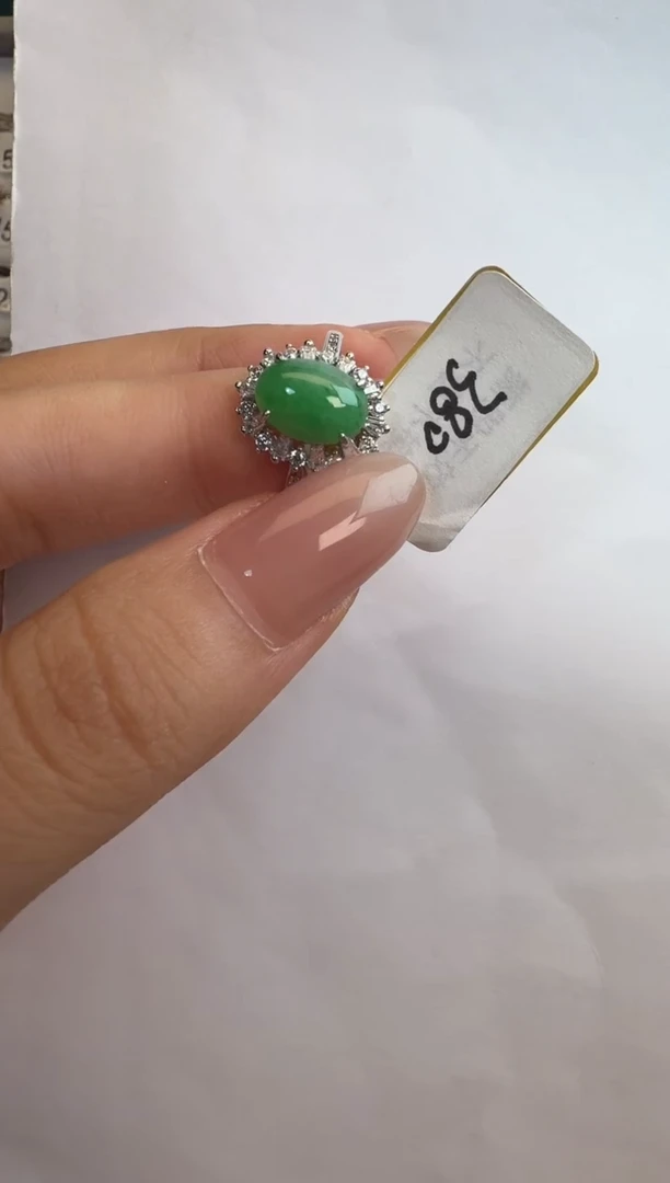 银S925镶嵌戒指翡翠通体925银镶缅甸A货翡翠戒指