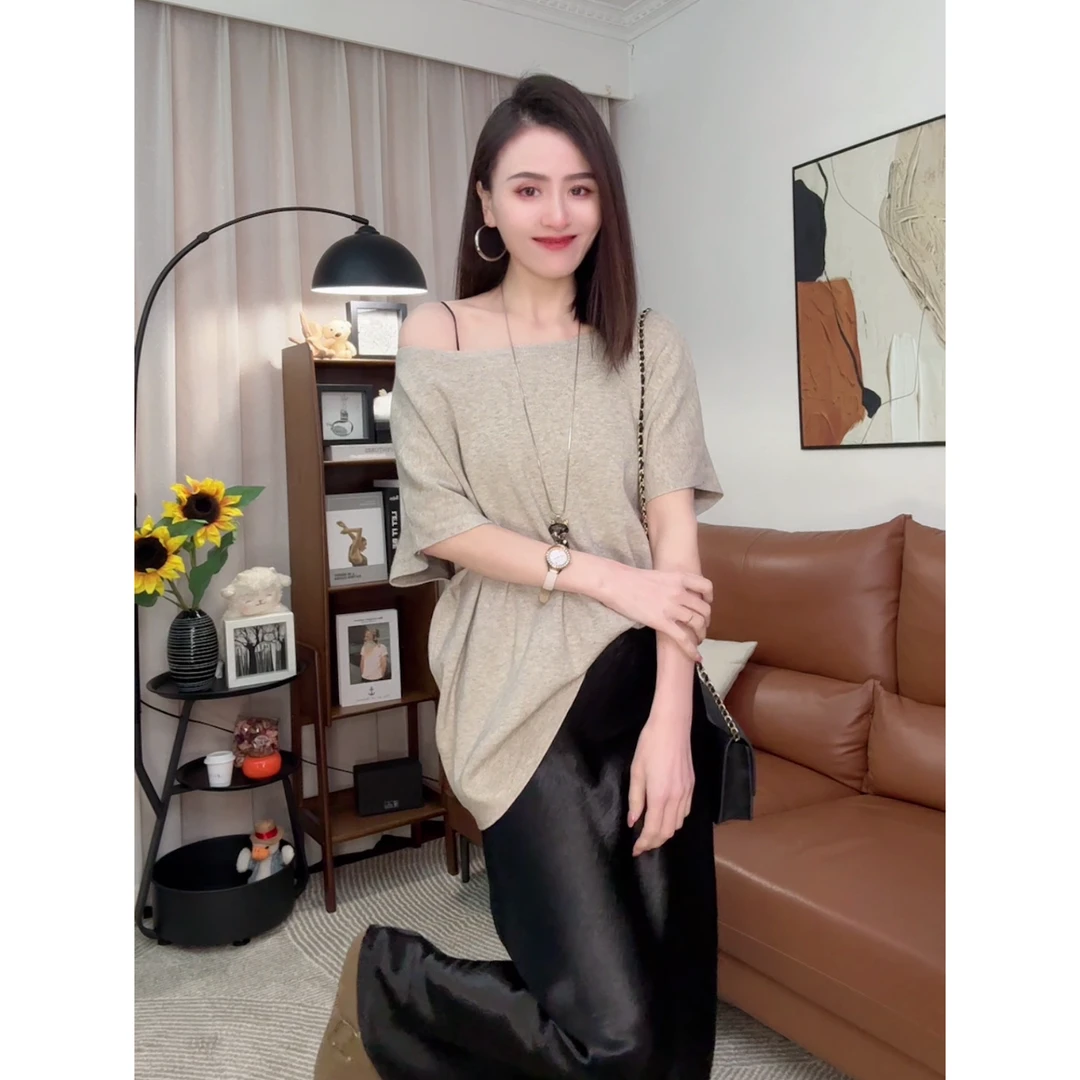 ②斜肩蝙蝠袖针织T恤女夏季百搭慵懒宽松显瘦上衣6115#