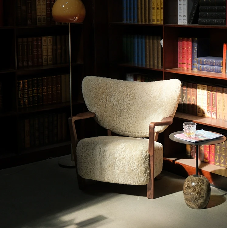 实木澳洲羊毛皮休闲椅奶油风伍尔夫椅复古风客厅单人沙发椅