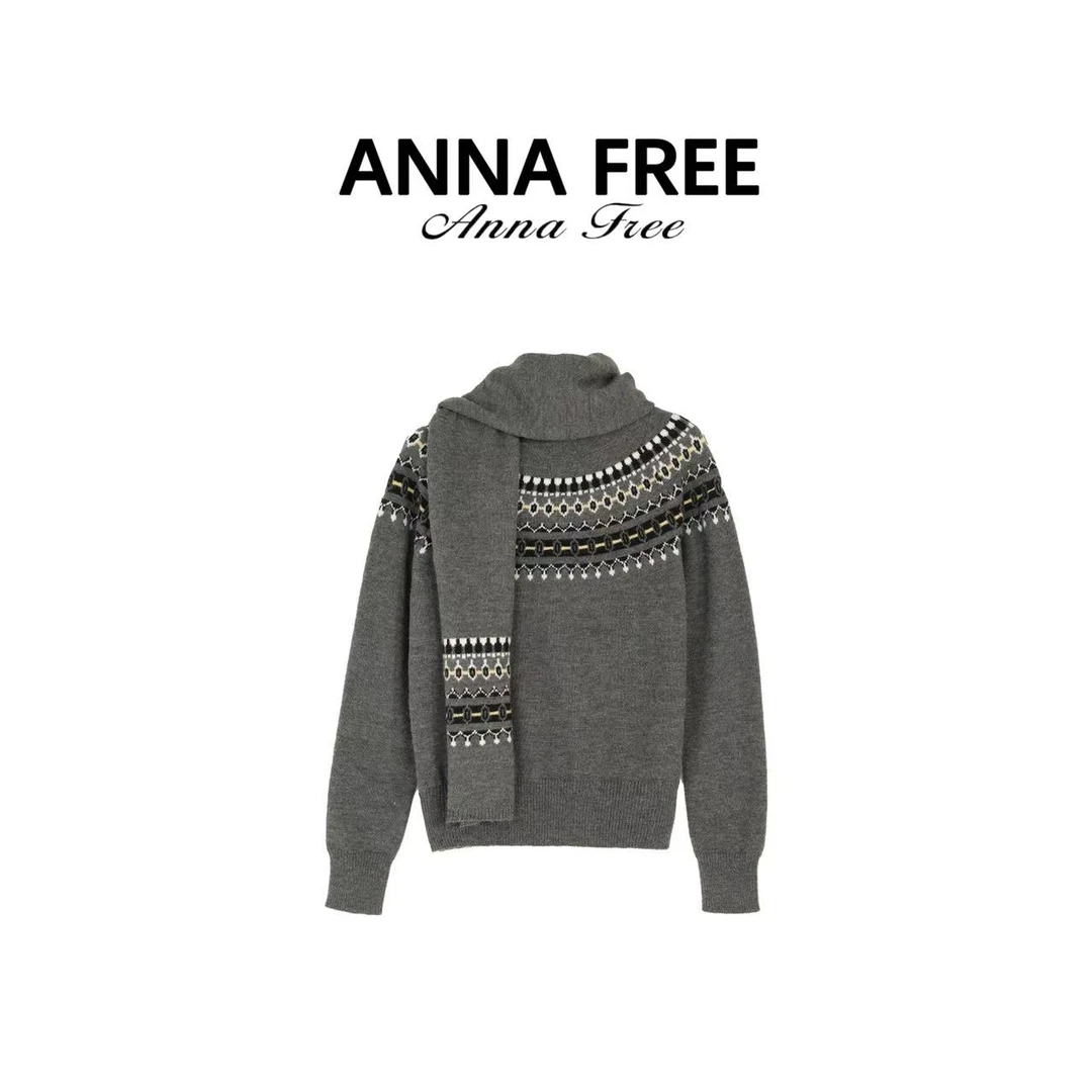 ANNAFREE【费尔岛】灰色提花小众宽松慵懒戴围巾毛针织衫Z8363