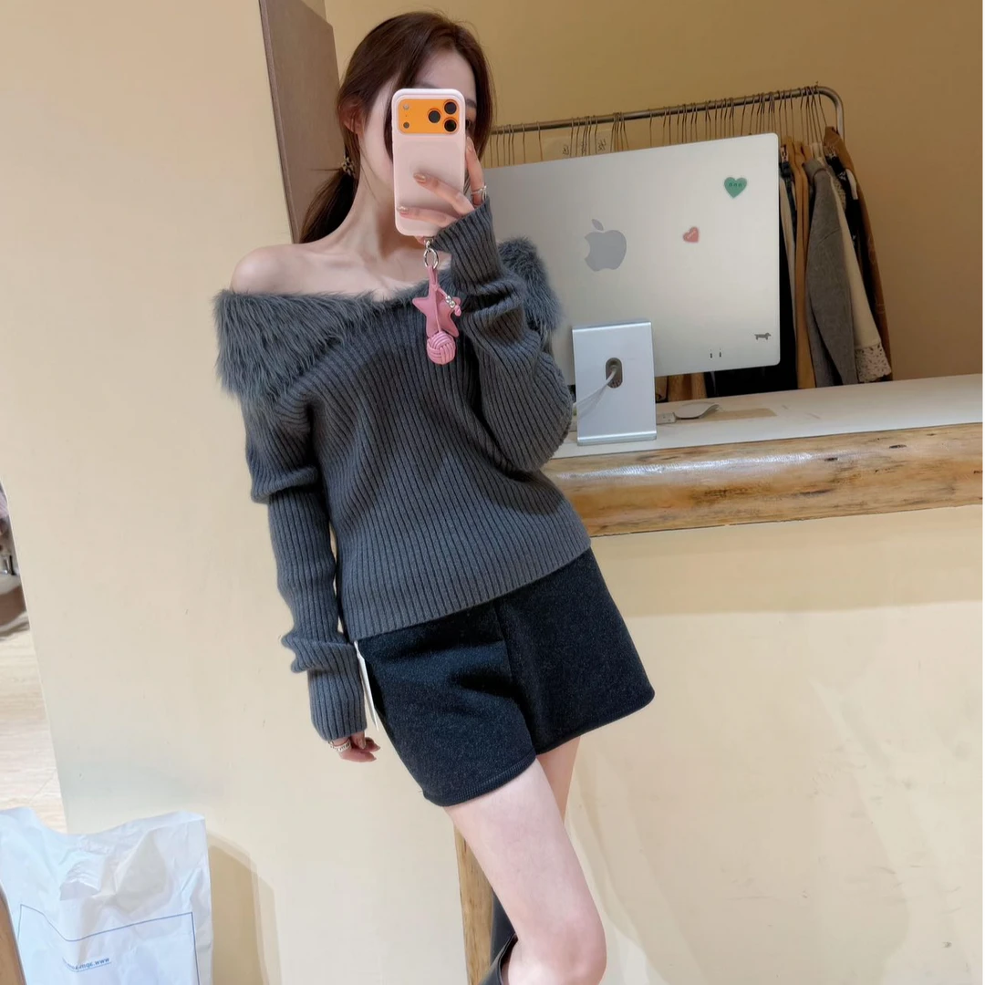 韩系灰色毛边一字肩针织打底衫女秋冬独特漂亮毛衣内搭短款小上衣