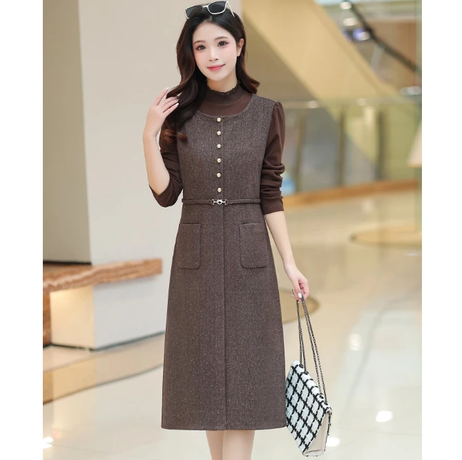 L003#咖【木兮兮专属】2025年秋季气质时尚百搭显瘦中长款连衣裙女