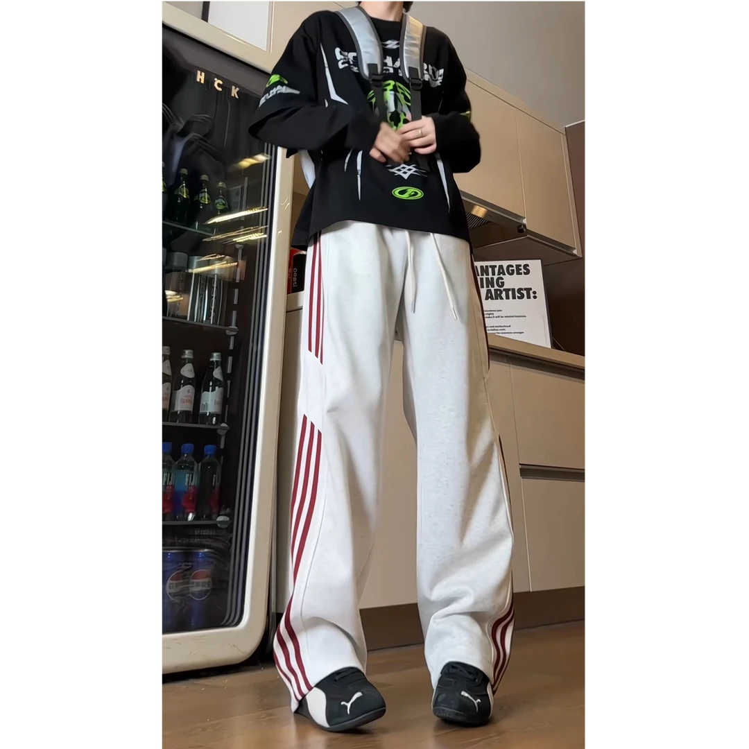 灰色条纹卫裤三条杠宽松直筒微喇cleanfit美式复古运动休闲裤