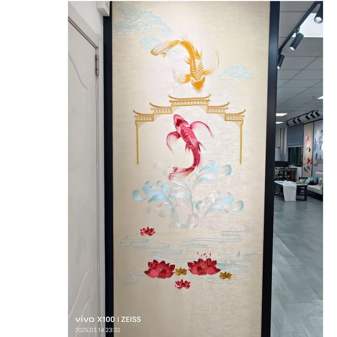 新中式刺绣工艺展示背景墙玄关鱼跃龙门刺绣系列玄关墙布尺寸可定